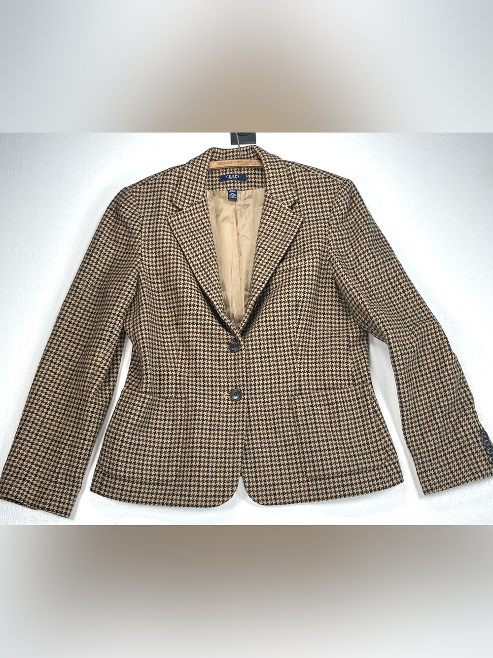 Vintage CHAPS Ralph Lauren Brown Houndstooth Wool Blazer Jacket Tweed Coat Large